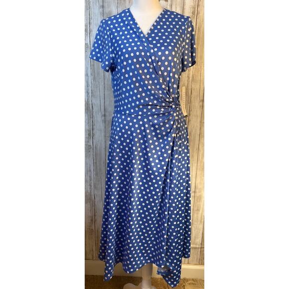 Perceptions New York Blue Polka Dot Faux Wrap Dress Size Medium NWT - Picture 1 of 9